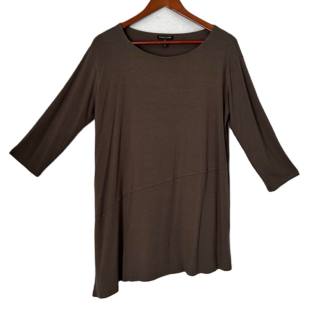 Eileen Fisher Top Women M Taupe Tunic Asymmetrical Slit Stretch Casual Preppy